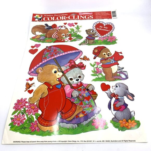 Color Clings Valentines Bears Rabbits Window Decor Vintage Unused - Picture 1 of 8